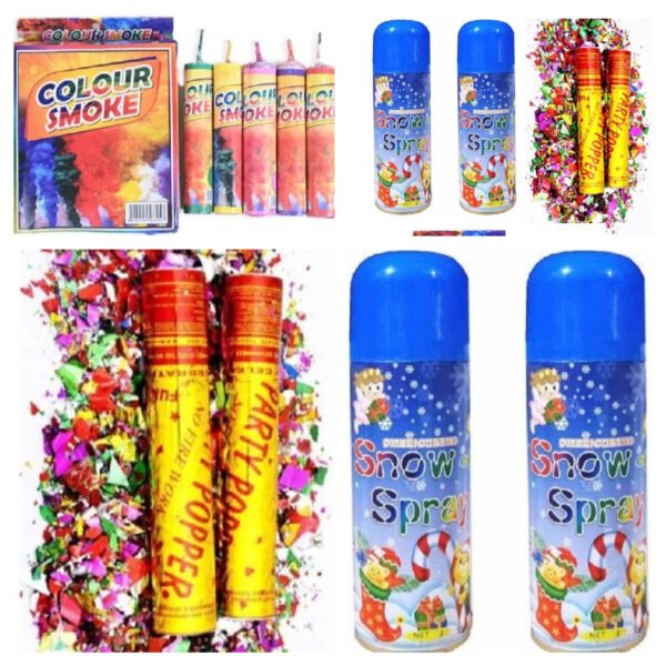 Celebration Combo Pack ? 2 Snow Sprays + 2 Party Poppers + 5 Color Smoke Bombs for Birthdays & Parties