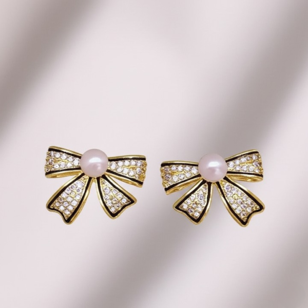 PJT-995 Bow Shape Zircon Pearl Earrings for Women ? Korean Style Jewelry with Sparkling Zircon & Classic Pearl Center | Available in Golden & Silver | Perfect Gift for Parties, Weddings & Everyday Fashion
