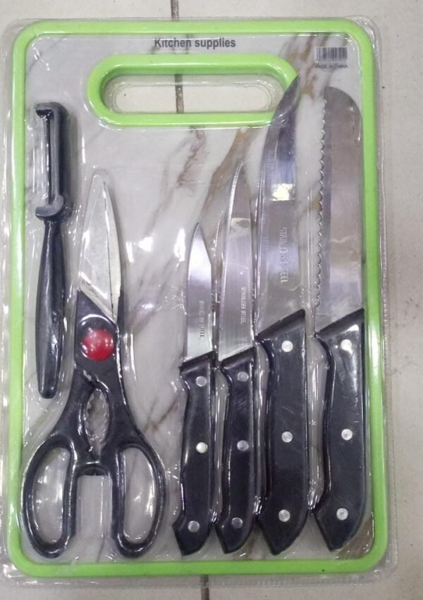 6 in 1 Stainless Steel Knives Set? For meat, bread, fruits, and vegetables | Kitchen Knife Set with Scissors, Peeler & Cutting Board ? All-in-One Cooking Essentials with Ergonomic Handles & Sharp Stainless Steel Blades