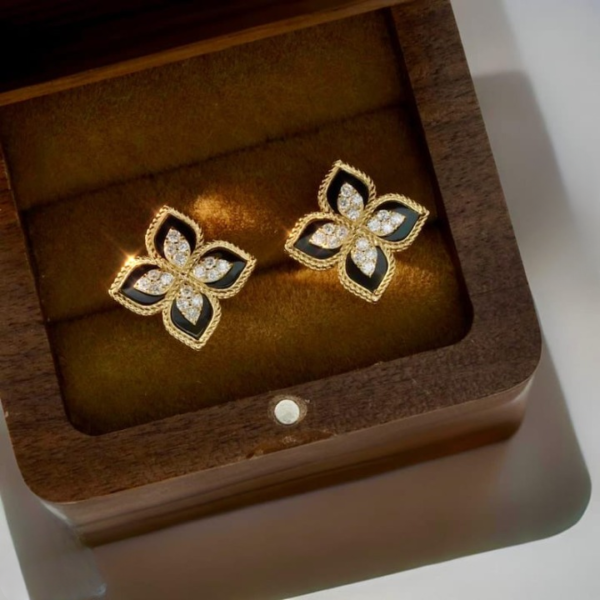 Black and Gold Floral Earrings ? Sparkling Four-Leaf Studs with Cubic Zirconia (PJT-991)
